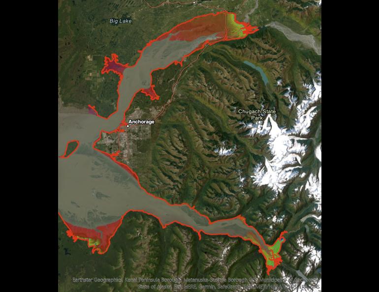 The map shows the worst-case flooding scenario for upper Cook Inlet, based on numerical modeling. Image courtesy of Elena Suleimani, Alaska Earthquake Center; Barrett Salisbury, Alaska Division of Geological & Geophysical Surveys; Dmitry Nicolsky, UAF Geophysical Institute