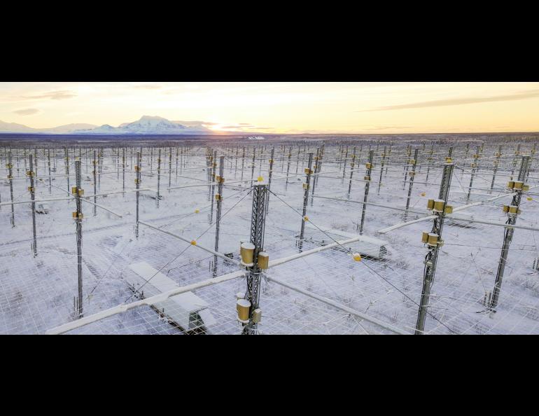 HAARP’s Ionospheric Research Instrument is a phased array of 180 high-frequency antennas spread across 33 acres. UAF/GI photo by JR Ancheta.