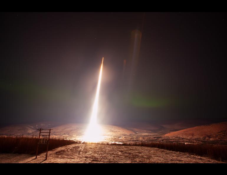 A sounding rocket launches from Poker Flat Research Range on Nov. 8, 2023, carrying NASA’s Goddard Space Flight Center’s Dissipation mission. NASA photo by Rachel Lense.