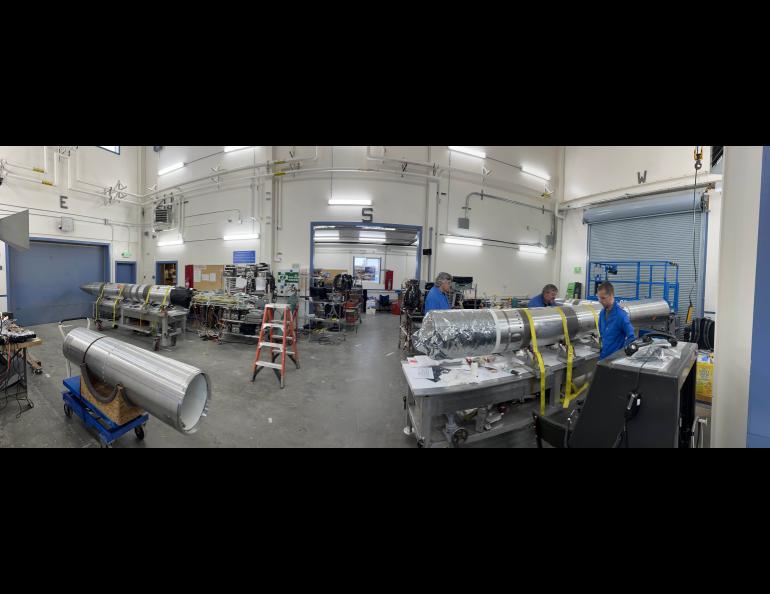 A panorama photograph shows the payload portions of the NASA sounding rockets in the payload assembly area at Poker Flat Research Range. Photo by Rod Boyce