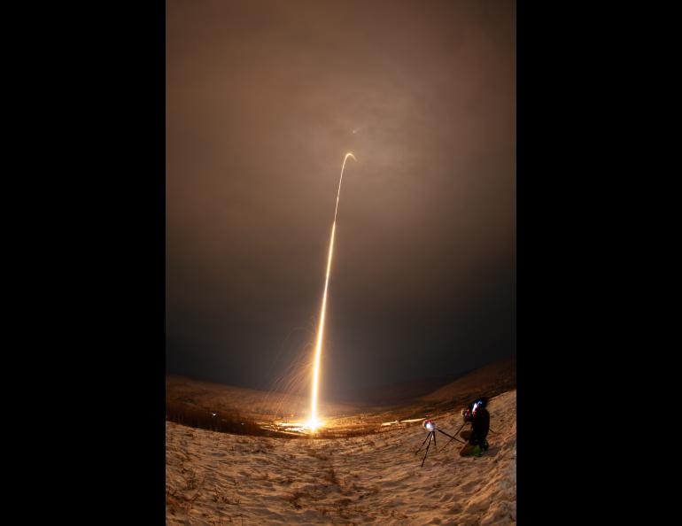 A four-stage NASA sounding rocket launches from Poker Flat Research Range on Nov. 9, 2023. The rocket was carrying instruments for the Beam-Plasma Interactions Experiment. NASA photo by Lee Wingfield.