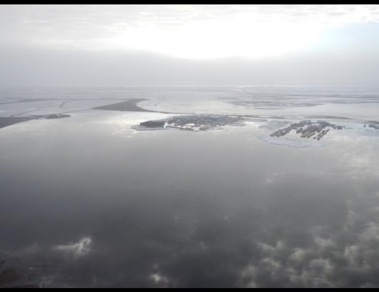 A pre-flood buildup of aufeis is seen as the leading cause of the chaotic flooding of the Sagavanirktok River in 2015. Photograph shows flooding at the end of the Dalton Highway near Deadhorse, Alaska, May 20, 2015 Alaska Department of Transportation & Public Facilities photo.