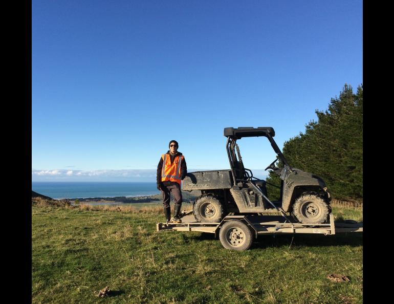 Bryant Chow used a side-by-side in Hawke's Bay, New Zealand, to transport equipment across farm paddocks and forest roads during fieldwork for the Broadband East Coast Network. Photo courtesy Bryant Chow.