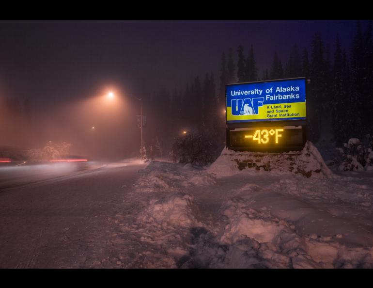 The time and temperature sign on Alumni Drive on a frigid January 2021 morning on the UAF Troth Yeddha’ campus in Fairbanks. UAF photo.