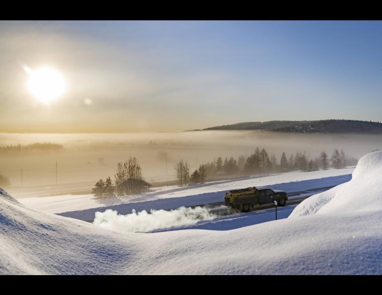  Ice fog covers the landscape below an overlook on the West Ridge of the University of Alaska Fairbanks Troth Yeddha’ Campus on Feb. 2, 2024. The ice fog layer traps pollutants at ground level. UAF photo by Leif Van Cise.
