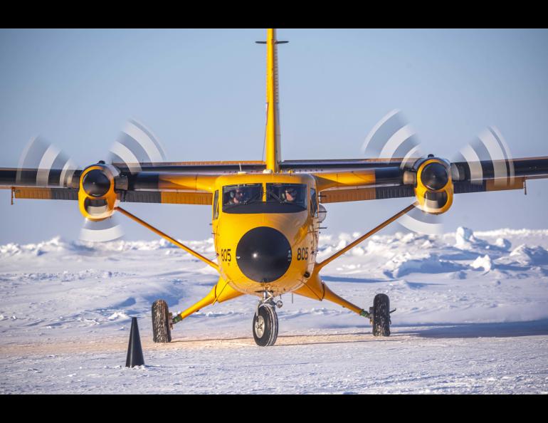 A Royal Canadian Air Force 440 Squadron AC 805 takes off from Ice Camp Whale during Operation Ice Camp in March 2024. U.S. Navy photo