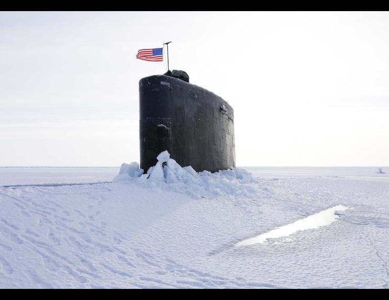The attack submarine USS Hampton surfaces through ice at Ice Camp Whale on the Arctic Ocean on March 8, 2024, kicking off Operation Ice Camp. U.S. Navy photo