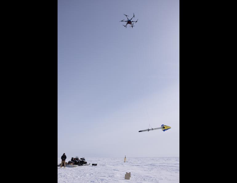 A drone carries the Lightweight Airborne Snow and Sea Ice Thickness Observing System. Photo by Bryan Whitten