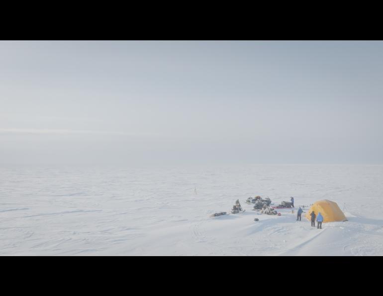 The mini-science camp on the Beaufort Sea ice two-thirds of a mile north of a thin snow-covered spit above Elson Lagoon, about 10 miles east of Utqiagvik. Photo by Bryan Whitten