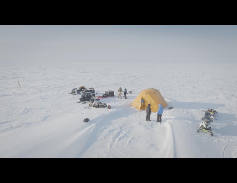 The mini-science camp on the Beaufort Sea ice two-thirds of a mile north of a thin snow-covered spit above Elson Lagoon, about 10 miles east of Utqiagvik. Photo by Bryan Whitten