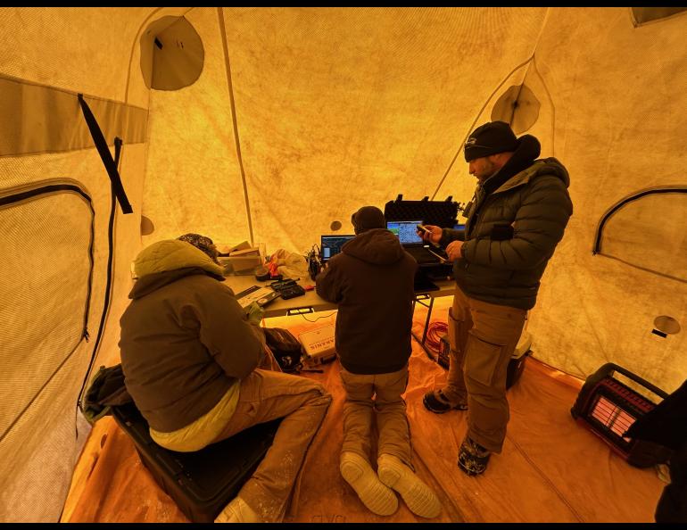 The drone operations center inside the tent on April 17, 2024, just off Alaska’s Beaufort Sea coast. Photo by Rod Boyce