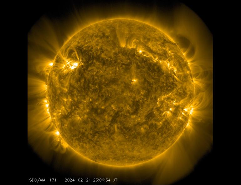 Loops of hot plasma appear in the sun’s corona on Feb. 21, 2024. The image shows a subset of extreme ultraviolet light that highlights the loops. Photo by NASA/Solar Dynamics Observatory
