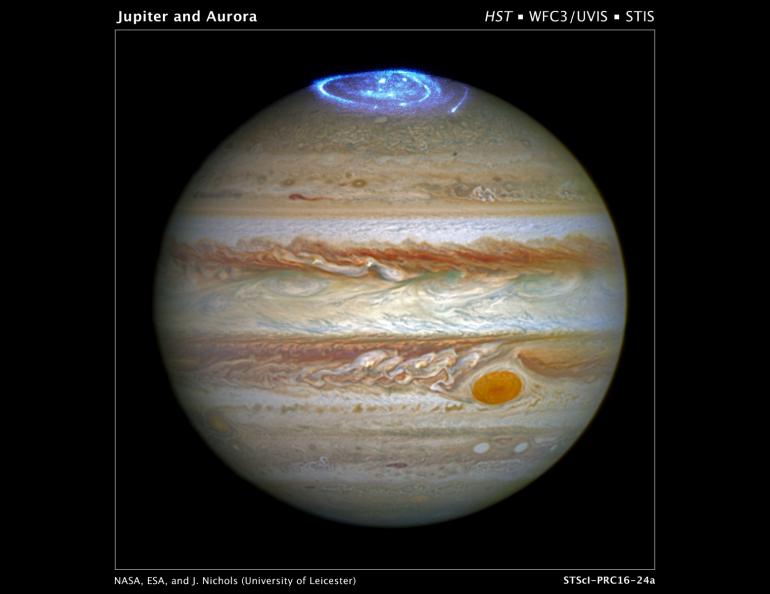 The aurora was photographed in 2014 during a series of Hubble Space Telescope Imaging Spectrograph far-ultraviolet-light observations taking place as NASA’s Juno spacecraft approached and entered into orbit around Jupiter. Image by NASA, ESA and J. Nichols (University of Leicester)