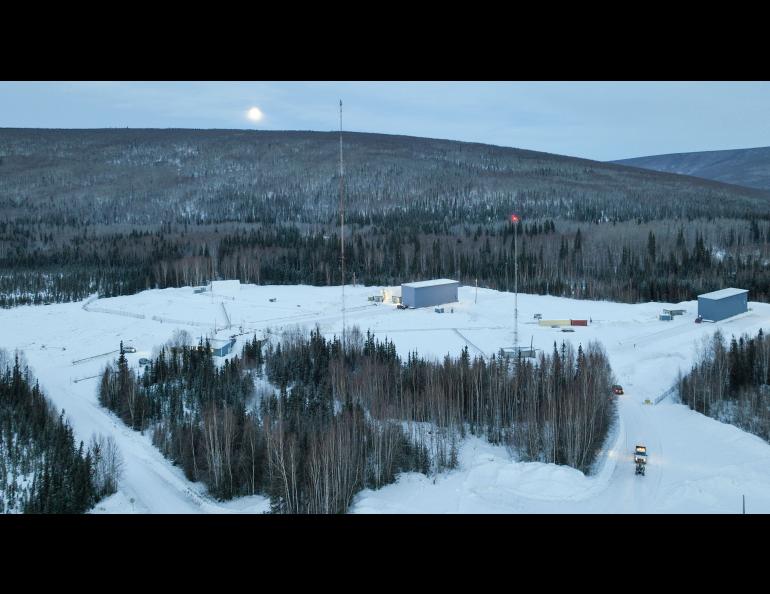 This aerial view shows Poker Flat Research Range’s launch area. Poker Flat has four launch pads. Two large retractable buildings each contain one launch pad. Photo by Bryan Whitten