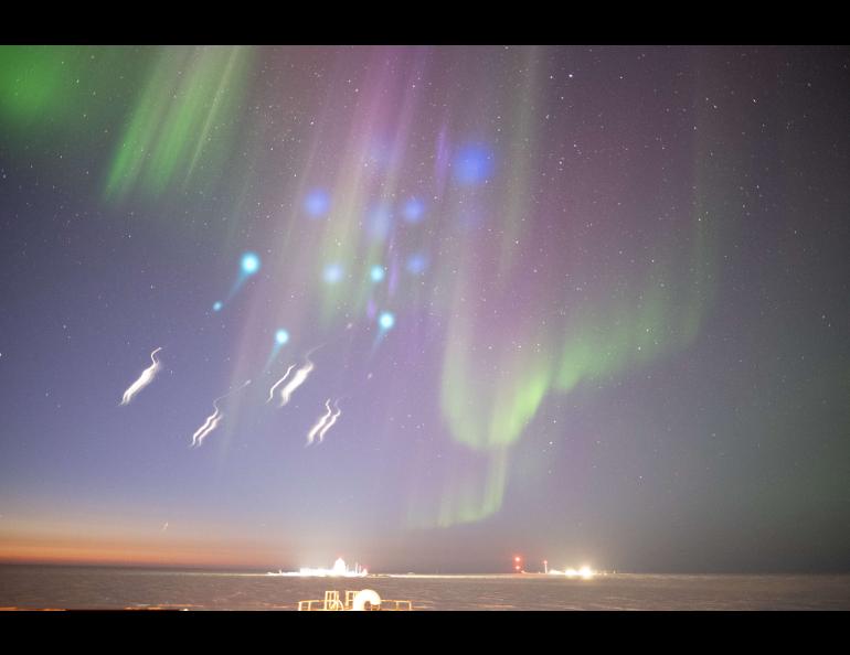 Vapor tracers light up the atmosphere over the Arctic Ocean as seen from Utqiagvik, Alaska, early on March 25, 2025. Photo from AWESOME ground team.