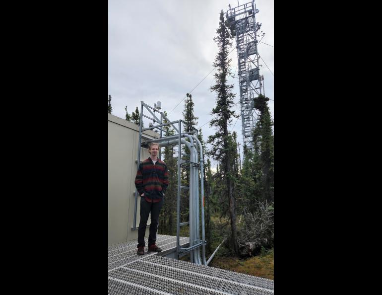 Graduate student researcher James Campbell helped install science instruments in Delta Junction as part of the Atmospheric Science and Chemistry Measurement Network. Photo courtesy of Jingqiu Mao