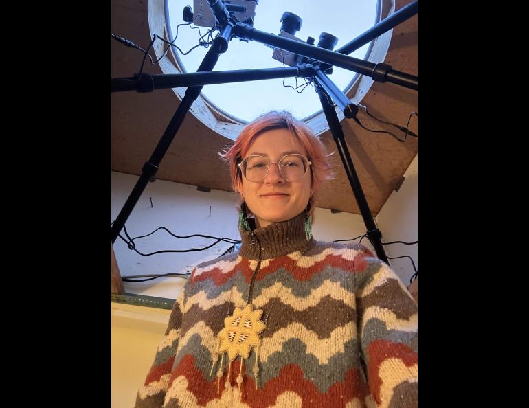 UAF student Vivian Palmer inside the Kaktovik observation dome on March 23, 2025. Photo courtesy of Vivian Palmer