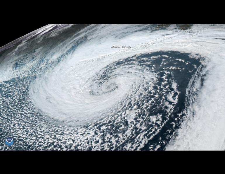 A mid-latitude system swirls in the Gulf of Alaska on Nov. 12, 2019. These systems tend to form within the Aleutian Low, which is a semi-permanent breeding ground for some of Earth’s strongest storms. Photo courtesy of National Oceanic and Atmospheric Administration