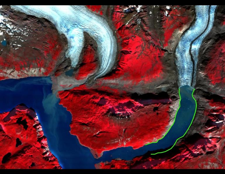 Recent retreat of McBride Glacier in Alaska has led to exposure of 5.25 miles of coastline, shown in green in this false color Sentinel-2 satellite image. Image courtesy of Jan Kavan