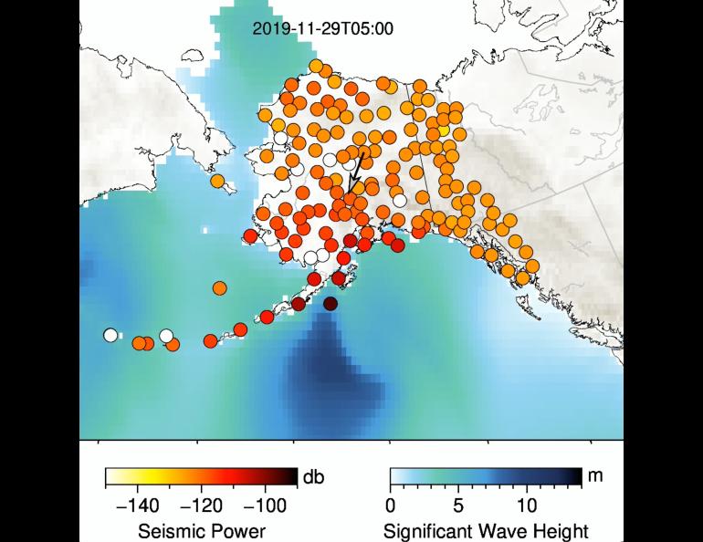 This image shows an ocean storm and the vibrations (microseisms) it produced at seismic stations in Alaska at 5 a.m. Nov. 29, 2019. The arrow points toward the direction of strongest vibration. Image from video by Sebin John and Michael West