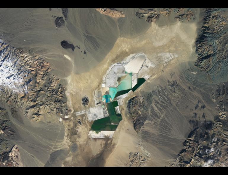 The only operating lithium mine in the United States is the Silver Peak mine in Nevada. NASA Earth Observatory image by Lauren Dauphin