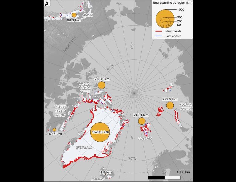 A map shows areas of new Northern Hemisphere coastline exposed due to the retreat of marine-terminating glaciers. Map from research paper