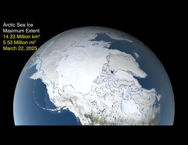 The image shows the ice extent — defined as the total area in which the ice concentration is at least 15% — at its 2025 maximum, which occurred on March 22. NASA illustration by Trent L. Schindler