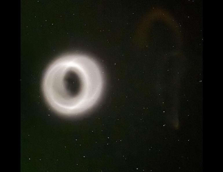 The vapor tracer payload from a sounding rocket that launched from Poker Flat Research Range on March 29 had a malfunction that caused the tracer material to appear as a large doughnut or cylinder seen widely across central Alaska. UAF photo by Eric Marshall