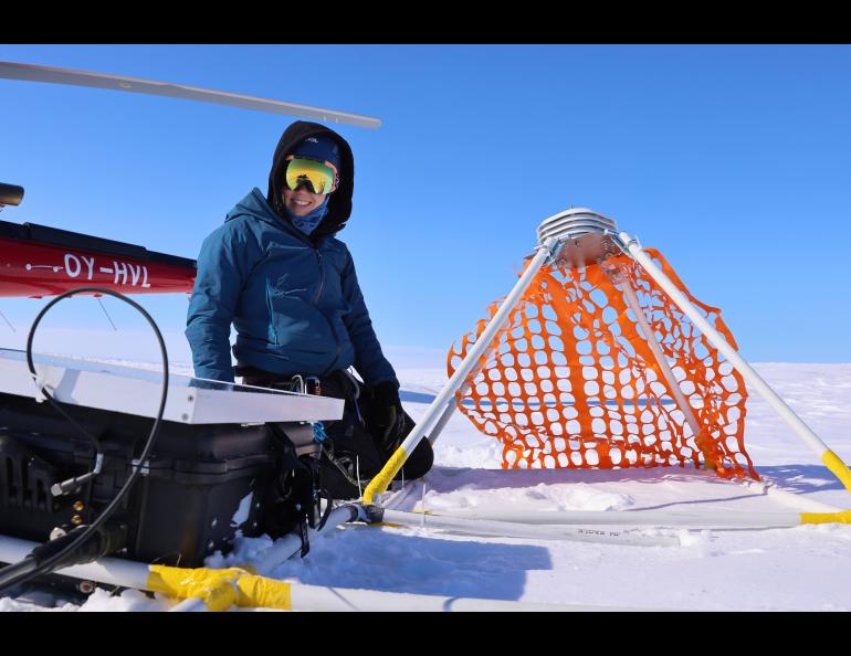 UAF graduate student researcher Amy Jenson at one of the instrument sites on Jakobshavn Glacier. Photo by Martin Truffer