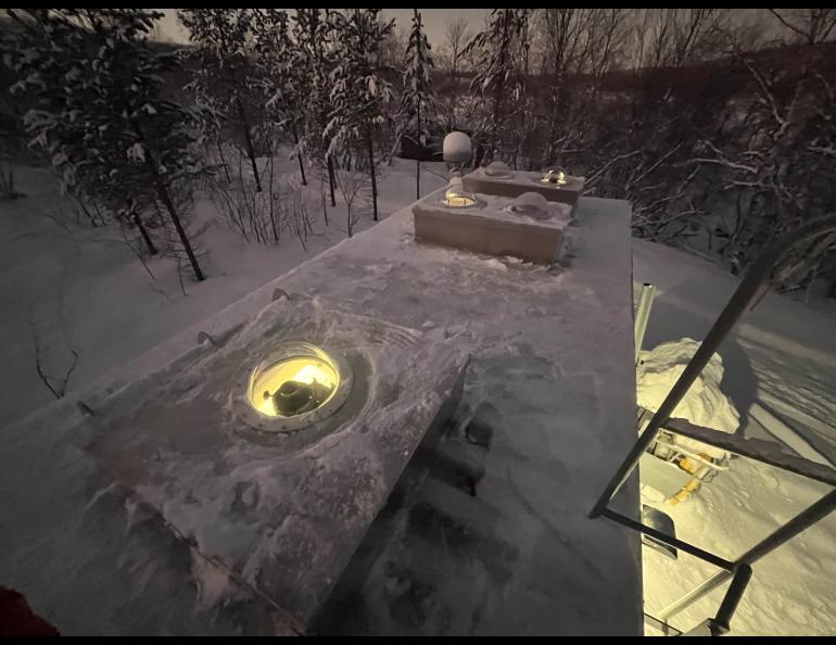 The observation windows for imagers are visible on the roof of the Kevo, Finland, observatory. Photo by Kylee Branning