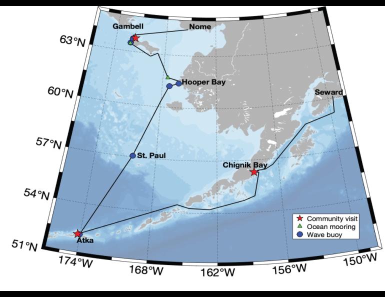 Map shows the route of the research vessel Sikuliaq.