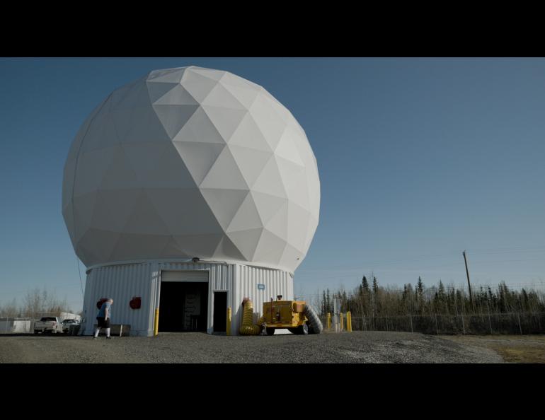 The Alaska Satellite Facility operates the NASA-owned antenna at the facility’s Richardson Highway location. The antenna, inside a radome, will receive data from the NISAR satellite. UAF/GI photo by Bryan Whitten