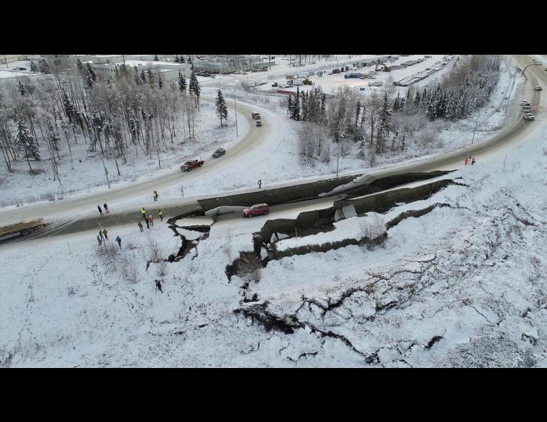 Cracks obstruct a portion of Minnesota Drive in Anchorage after a magnitude 7 earthquake that occurred at 8:29 a.m. Nov. 30, 2018. Photo courtesy of the Alaska Department of Transportation and Public Facilities
