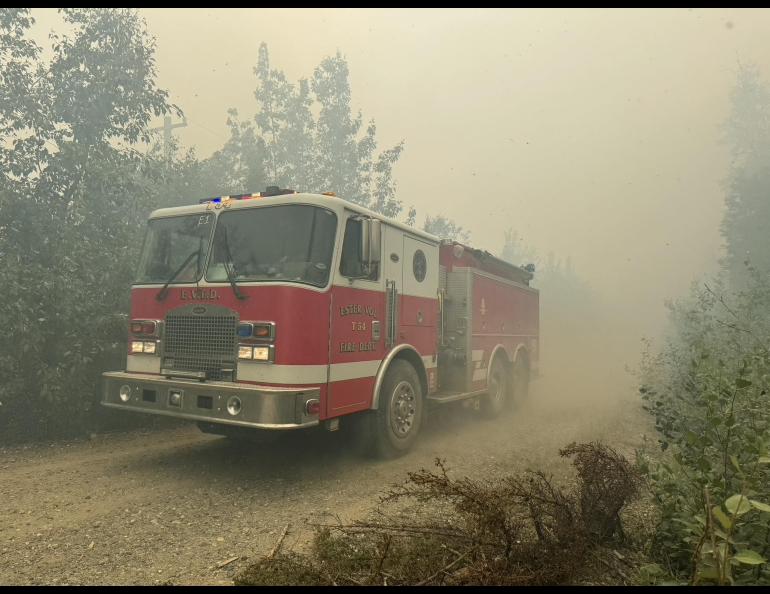 An Ester Volunteer Fire Department engine joins efforts to suppress the Nenana Ridge Complex fires on July 2, 2025. Photo courtesy of the Alaska Division of Forestry
