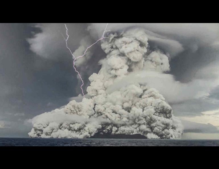 Hunga Tonga–Hunga Ha’apai volcano is one of 12 confirmed submarine volcanoes along a segment of the larger Tonga-Kermadec volcanic arc.  Photo courtesy of Tonga Geological Services via the Smithsonian Institution’s Global Volcanism Program 