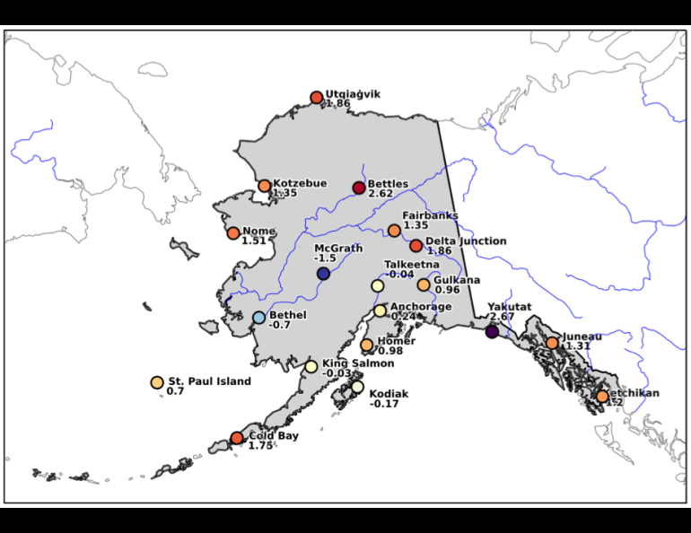 Monthly mean temperature departure from normal, July 2025, at selected stations in Alaska. A technical issue in Yakutat is causing erroneously high temperature readings at the station.
