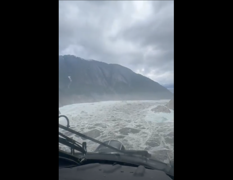 An Aug. 10, 2025, landslide in Southeast Alaska sent millions of cubic meters of debris in Tracy Arm, leaving large piles of rock and debris in the fjord. Image from video by Lt. Chip Baucom and Cmdr. PJ Johansen, U.S. Coast Guard