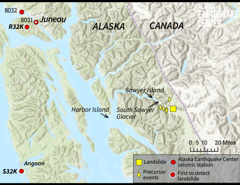 Map shows location of the Aug. 10, 2025, landslide and precursor activity. Map courtesy of the Alaska Earthquake Center