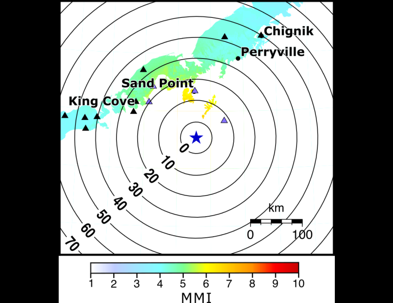This chart shows warning times that could have been provided in advance of peak shaking from the July 16, 2025, magnitude 7.3 earthquake near Sand Point, Alaska, if Alaska had an early warning system. Chart courtesy of Alex Fozkos