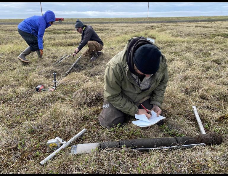 Members of the research team take core samples at Point Lay in June 2022. UAF photo by Jana Peirce