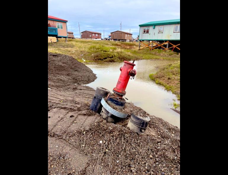 Permafrost thaw has affected underground water pipes and, in some instances, has dislocated fire hydrants. UAF photo by Benjamin Jones