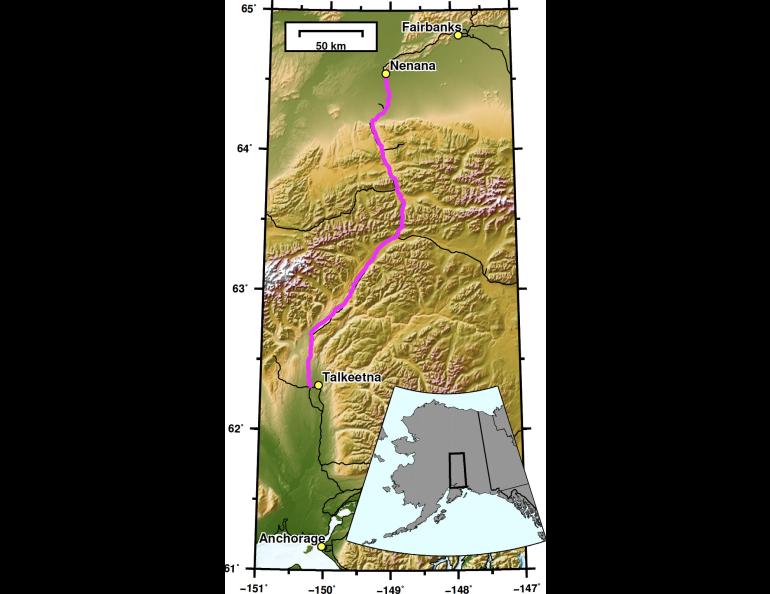 This map from the research paper shows the study area in central Alaska. Data for the research came from nearly 1,200 recordings made over 35 days by 303 high-sampling seismometers funded by the National Science Foundation.
