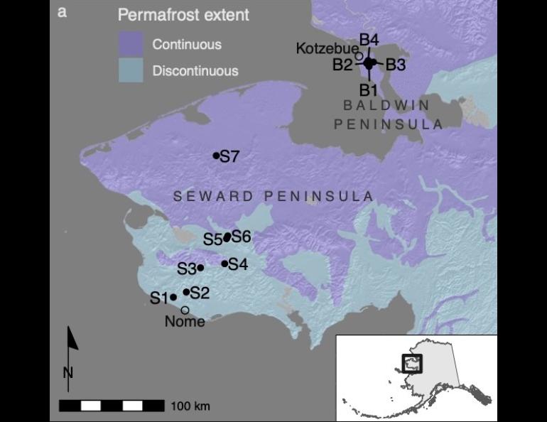 This map shows the 11 beaver-complex study sites and the type of permafrost found on Alaska’s Seward and Baldwin peninsulas. Map from research paper