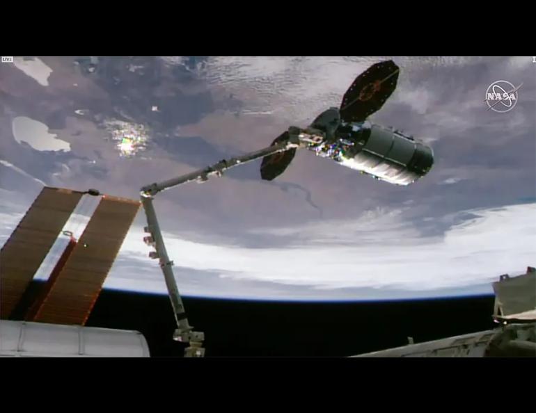  This U.S. Cygnus uncrewed cargo craft was about 12 meters from the International Space Station station when the robotic arm captured it in February 2020. The cargo spacecraft provided the engine burn used in Paul Bernhardt’s experiment. Photo courtesy of NASA