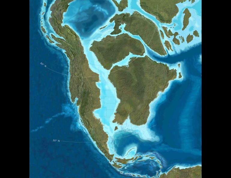 This map shows North American landmasses as they are believed to have appeared 77 million years ago. Map used with permission. Copyright 2023 Colorado Plateau Geosystems Inc. May not be downloaded without permission.