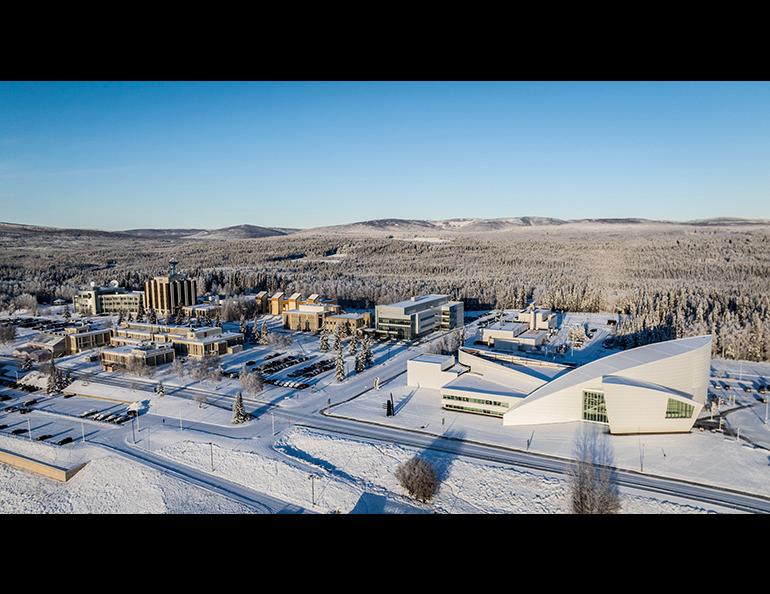 The West Ridge research area at the University of Alaska Fairbanks is nestled against the frosted woodlands in November. Photo by Eric Marshall
