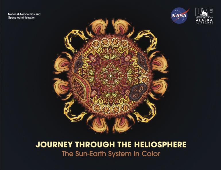 Cover of the book “Journey Through the Heliosphere." The design features a dark background with a bright, symmetrical, mandala-like illustration in warm colors (orange, red, and yellow) representing the sun and solar system processes. 