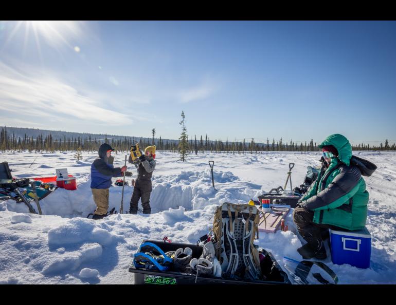 Three bundled researchers work at a snow-covered permafrost coring site in a boreal forest near Fairbanks under a bright, low winter sun. They are operating coring equipment beside a dug trench, with shovels, packs and field gear spread across the snow in the Goldstream Creek area on April 13, 2026.