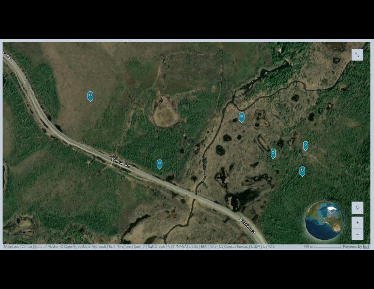 Satellite-style interactive map of the Goldstream Valley near Fairbanks shows Ballaine Road running across the scene and Goldstream Creek winding through wetlands and forest. Six markers indicate locations where scientists acquired permafrost samples.