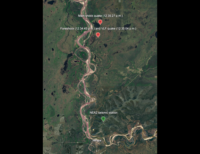  Satellite map of the Nenana area in central Alaska showing locations for the three components of the Aug. 20, 2025, earthquake. Red markers north of Nenana identify the foreshock and very-low-frequency earthquake and the main shock location. A green marker shows the nearby NEA2 seismic station.